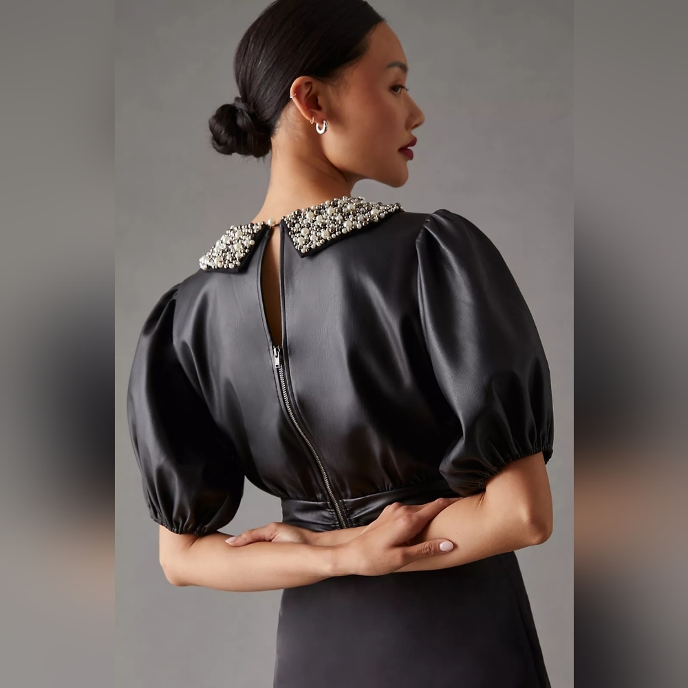 Anthropologie Maeve Faux Leather Puff-Sleeve Blouse - Picture 4 of 10